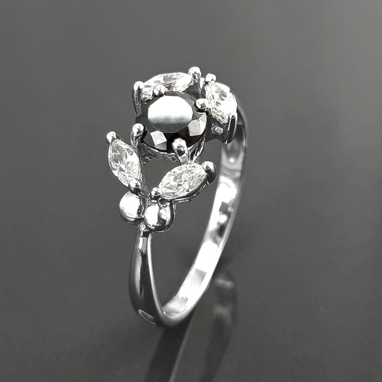 925 Sterling Silver Halo Ring, Black White CZ Stones, Modern Solitaire Small Jewelry