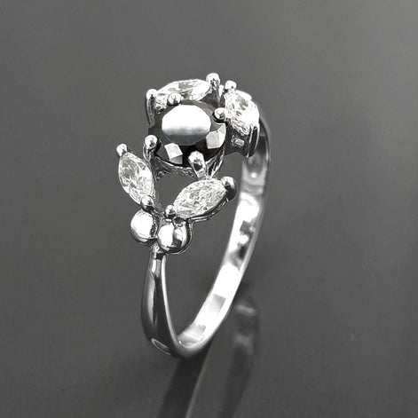 925 Sterling Silver Halo Ring, Black White CZ Stones, Modern Solitaire Small Jewelry