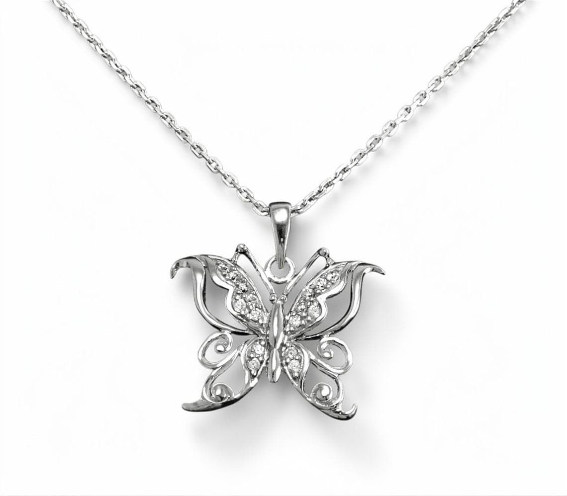 Diamond Butterfly Necklace • Sterling Silver Openwork Butterfly Pendant • Elegant Sparkling Nature Jewelry