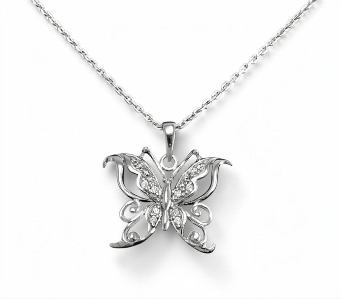 Diamond Butterfly Necklace • Sterling Silver Openwork Butterfly Pendant • Elegant Sparkling Nature Jewelry