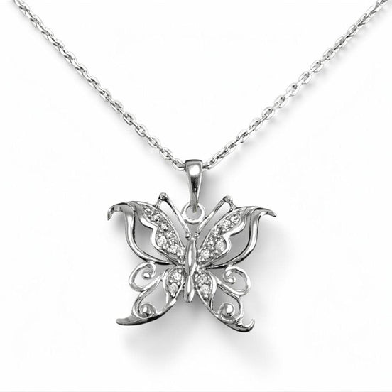 Diamond Butterfly Necklace • Sterling Silver Openwork Butterfly Pendant • Elegant Sparkling Nature Jewelry