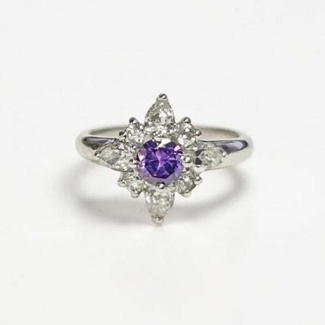 925 Purple Sterling Silver Ring, North Star Amethyst Color Stone (CZ), White Clear (CZ) Stones, Modern Jewelry