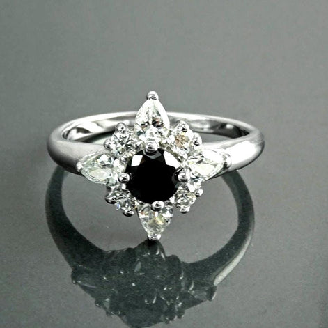 925 Sterling Silver Black North Star Ring, Pave CZ Cluster, Modern White and Black Stone Ring