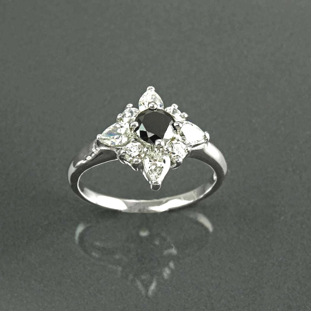 925 Sterling Silver Black North Star Ring, Pave CZ Cluster, Modern White and Black Stone Ring
