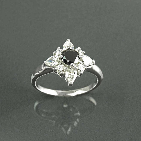 925 Sterling Silver Black North Star Ring, Pave CZ Cluster, Modern White and Black Stone Ring
