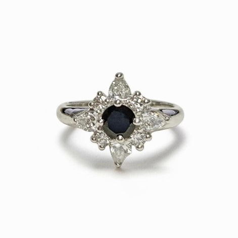925 Sterling Silver Black North Star Ring, Pave CZ Cluster, Modern White and Black Stone Ring
