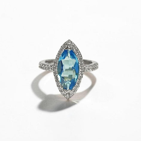 925 Blue Oval Ring Sterling Silver, Marquise Form Shape, Topaz Color Cz stone and White Stones CZ, Woman Jewelry