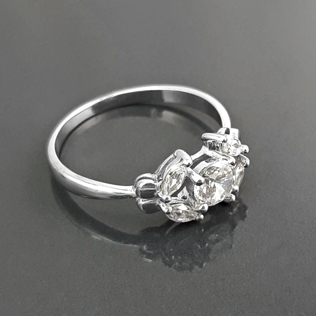 925 Sterling Silver Halo Ring, Lab White Diamond Simulant, Small Modern Classical Jewelry, Minimalist Ring