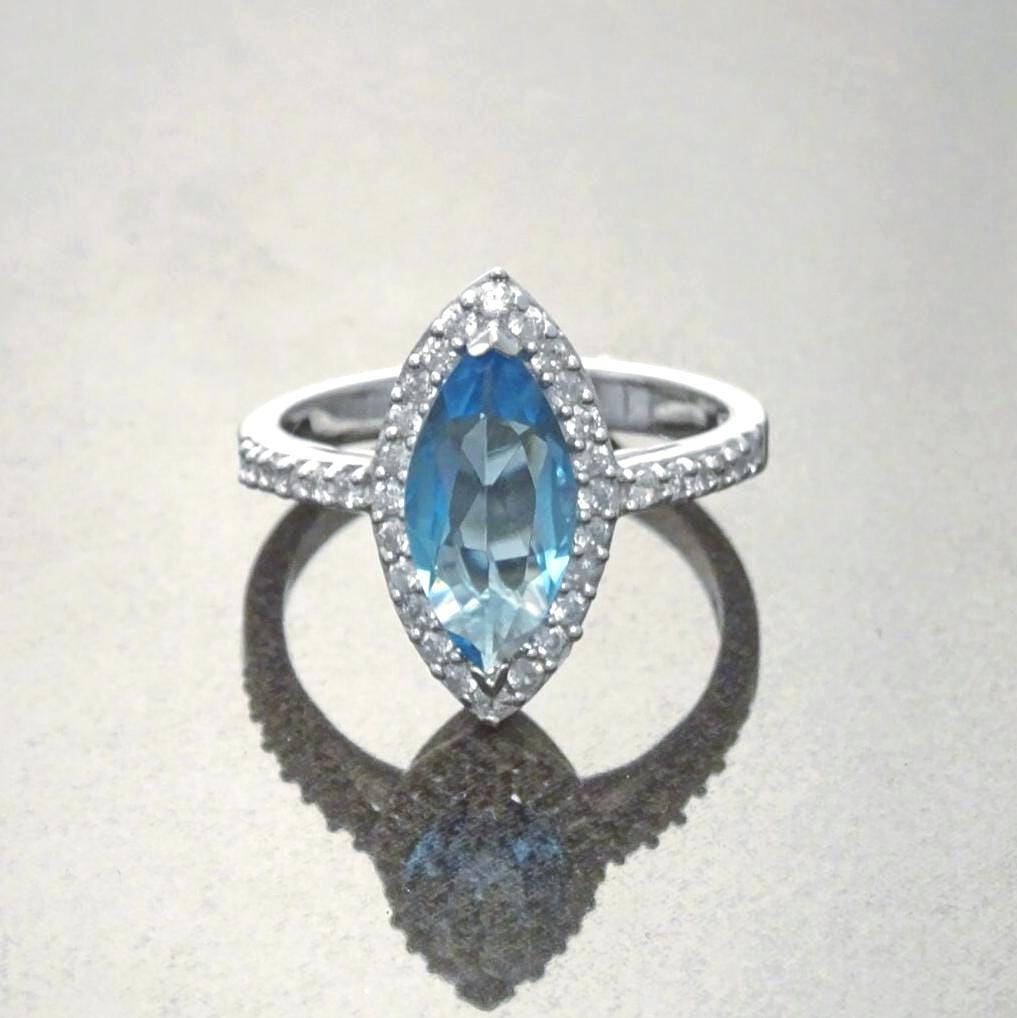 925 Blue Oval Ring Sterling Silver, Marquise Form Shape, Topaz Color Cz stone and White Stones CZ, Woman Jewelry