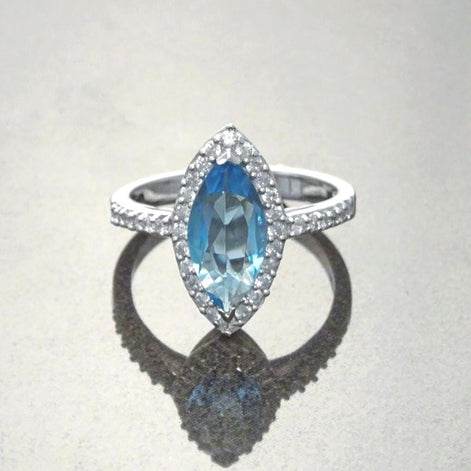 925 Blue Oval Ring Sterling Silver, Marquise Form Shape, Topaz Color Cz stone and White Stones CZ, Woman Jewelry