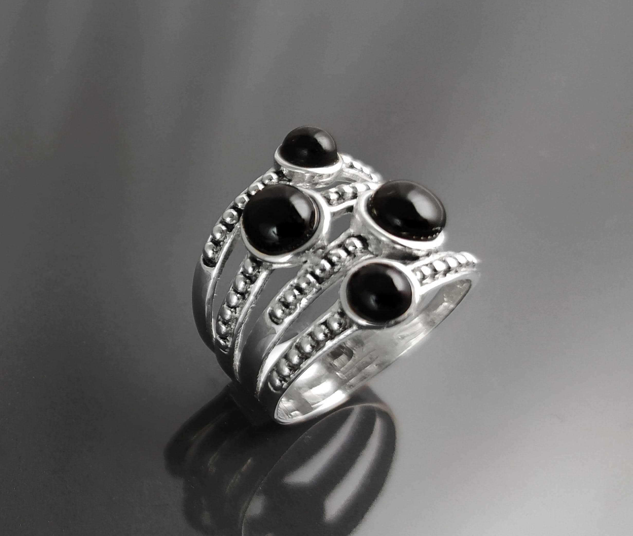 Onyx Multi Band Ring • Sterling Silver • Boho Black Stone Jewelry • Statement Antique Style gift for Her