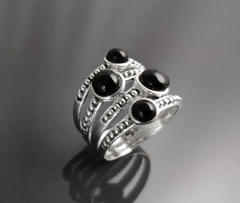 Onyx Multi Band Ring • Sterling Silver • Boho Black Stone Jewelry • Statement Antique Style gift for Her
