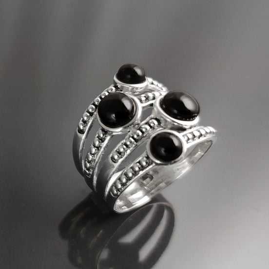 Onyx Multi Band Ring • Sterling Silver • Boho Black Stone Jewelry • Statement Antique Style gift for Her