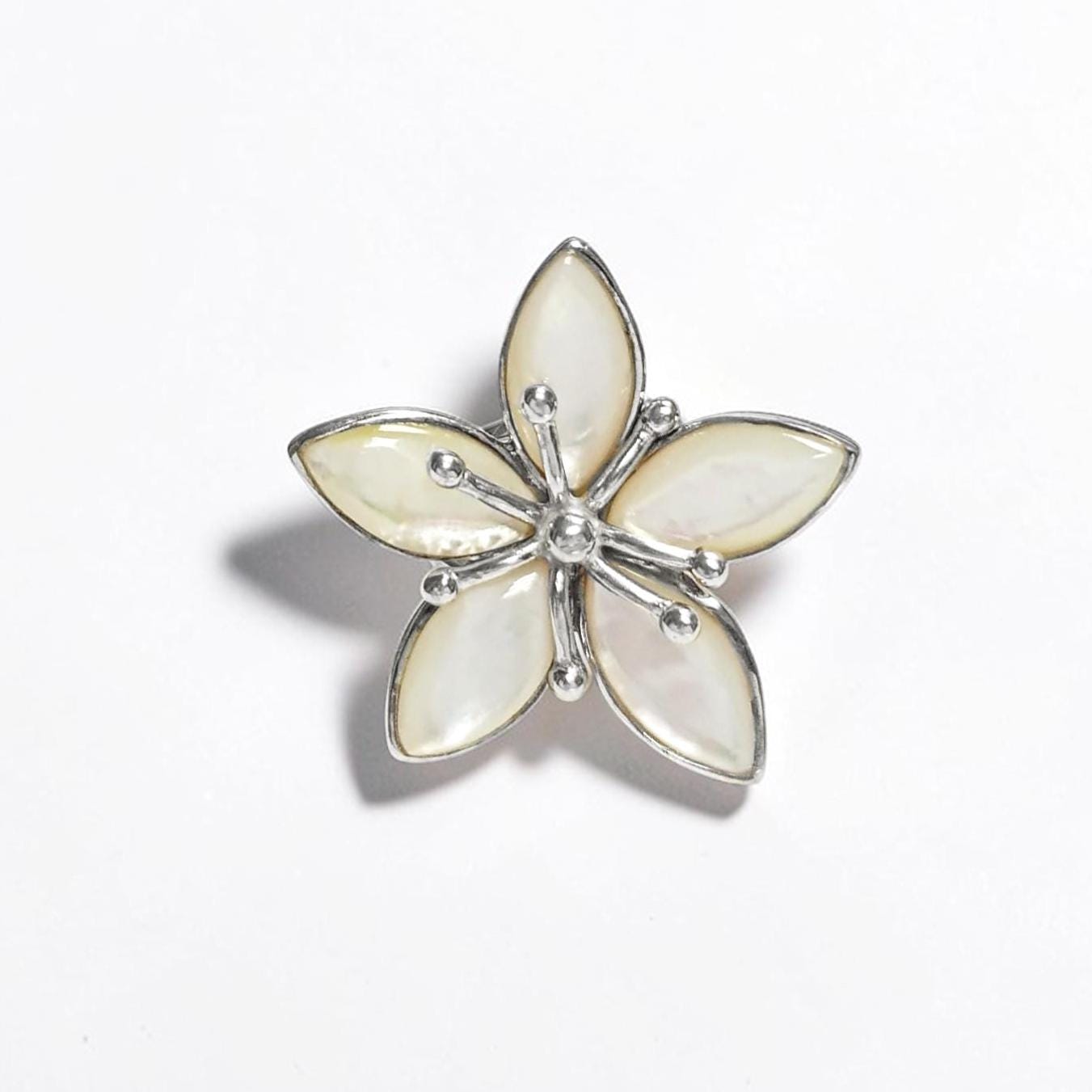 925 Cherry Blossom Ring, Sterling Silver, Wide Flowers Petals Jewelry, Nature Inspired Ring, Unique White Mother of Pearl.
