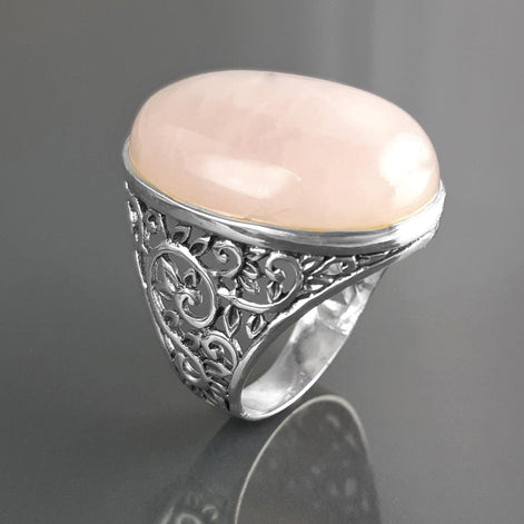 NATURAL Pink Quartz 925 Ring, Sterling Silver, Oval Rose Quartz Stone Gemstone, Vintage Baroque Medieval Romantic Design Jewelry By KRAMIKE