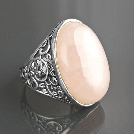 NATURAL Pink Quartz 925 Ring, Sterling Silver, Oval Rose Quartz Stone Gemstone, Vintage Baroque Medieval Romantic Design Jewelry By KRAMIKE