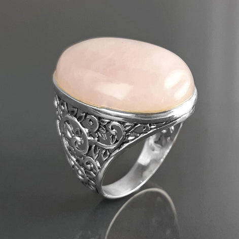 NATURAL Pink Quartz 925 Ring, Sterling Silver, Oval Rose Quartz Stone Gemstone, Vintage Baroque Medieval Romantic Design Jewelry By KRAMIKE