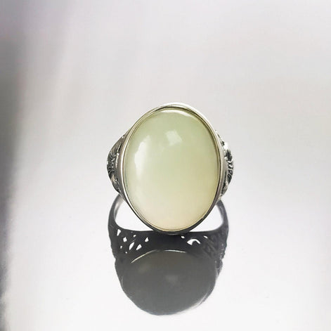 925 Green Jade Sterling Silver Ring, Vintage Filigree Design, Fantasy Silver Jewelry, Light Green Jade Stone Ring