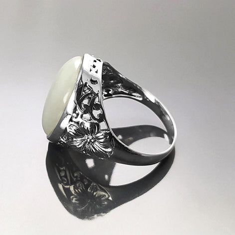 925 Green Jade Sterling Silver Ring, Vintage Filigree Design, Fantasy Silver Jewelry, Light Green Jade Stone Ring