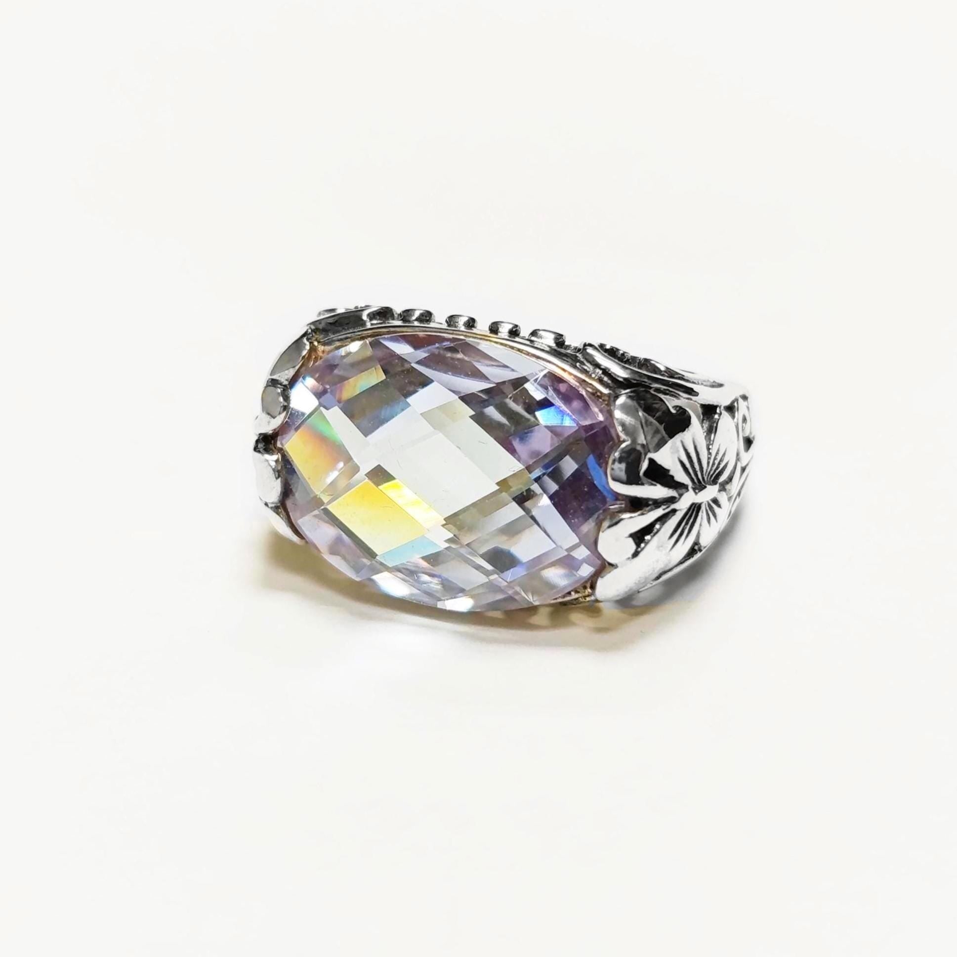 Ring 925 Sterling Silver Butterflies, Horizontal Band, Pink Lilac Amethyst Color Lab Stone (CZ) , Butterfly Ring, XL size