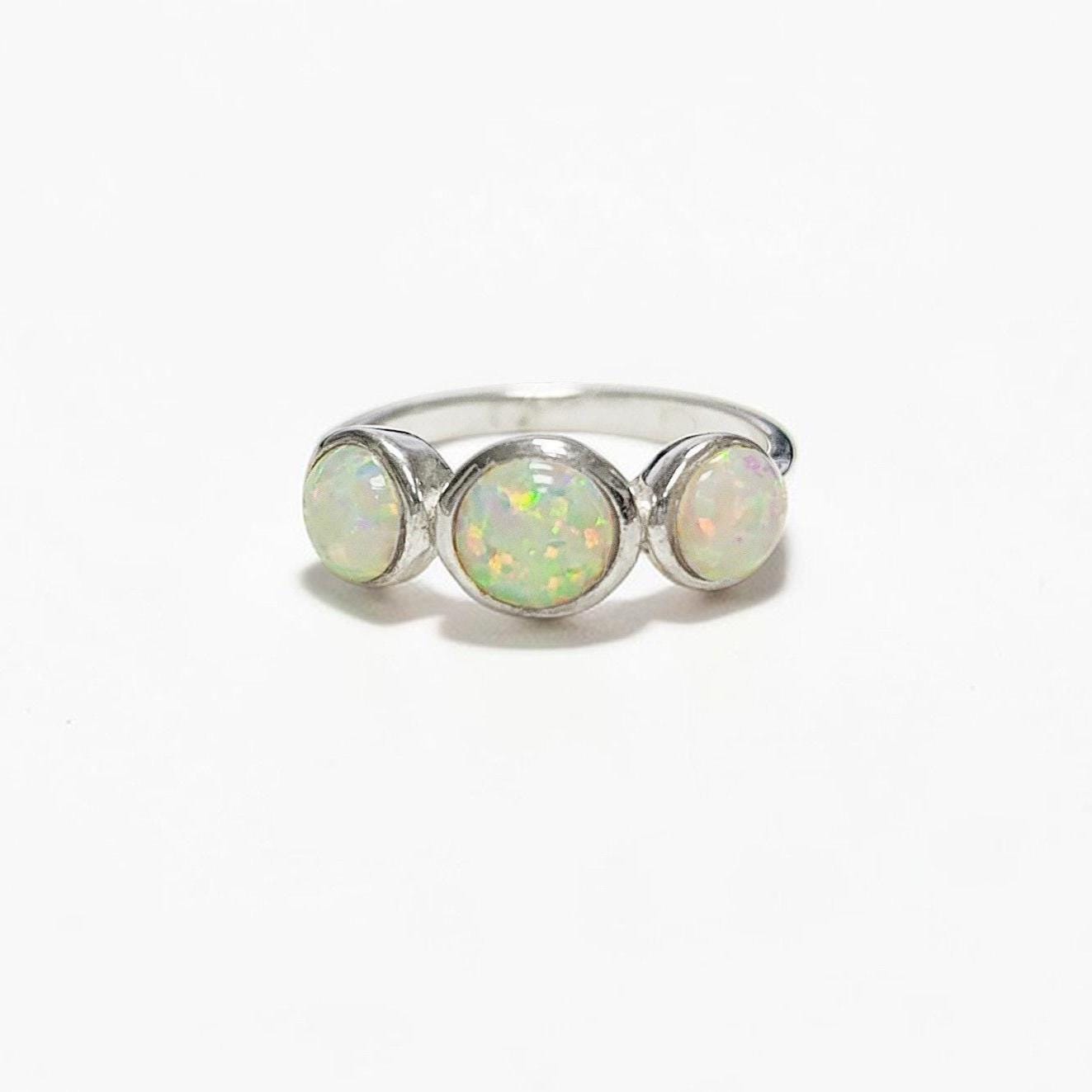 925 Opal Ring Sterling Silver, Three Opal Stones Domed Ring, Fiery White Fire Opals Stone Birthstone, loyalty, faithfulness, and hope.