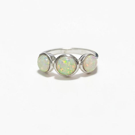 925 Opal Ring Sterling Silver, Three Opal Stones Domed Ring, Fiery White Fire Opals Stone Birthstone, loyalty, faithfulness, and hope.