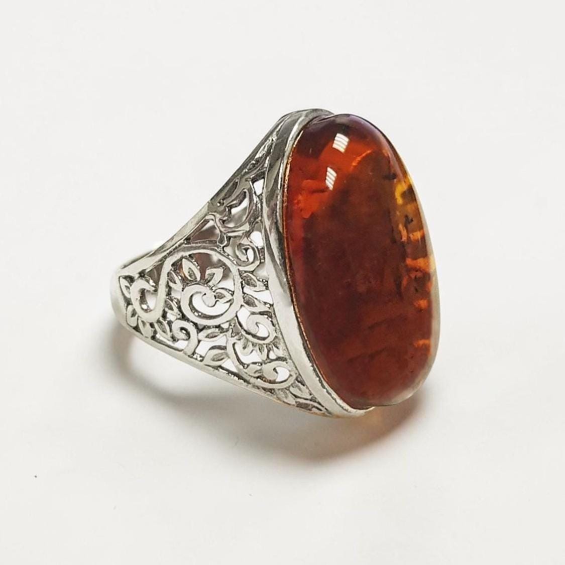 Boho Amber Ring, Sterling Silver 925, GENUINE Amber Gemstone with Inclusions, Intricate Filigree Jewelry, Antique Vintage Bali Bohemian Ring