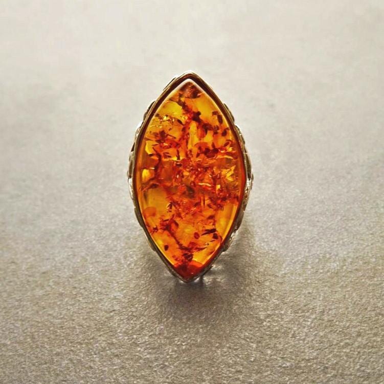 Amber Ring, Sterling Silver Ring, Genuine Amber Gemstone Ring, Filigree Ring, Antique Stone ring, Unique Statement Boho Jewelry