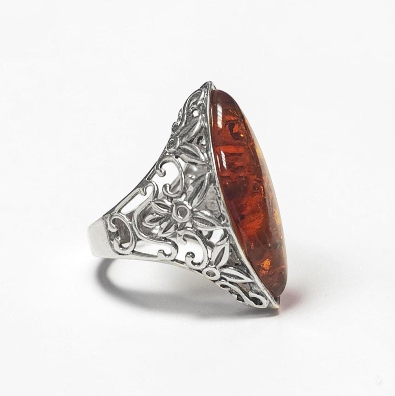 Amber Ring, Sterling Silver Ring, Genuine Amber Gemstone Ring, Filigree Ring, Antique Stone ring, Unique Statement Boho Jewelry