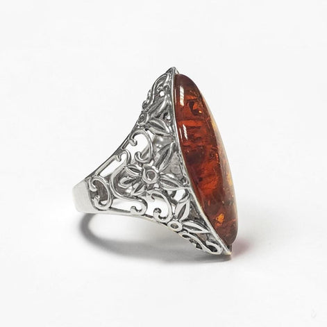 Amber Ring, Sterling Silver Ring, Genuine Amber Gemstone Ring, Filigree Ring, Antique Stone ring, Unique Statement Boho Jewelry