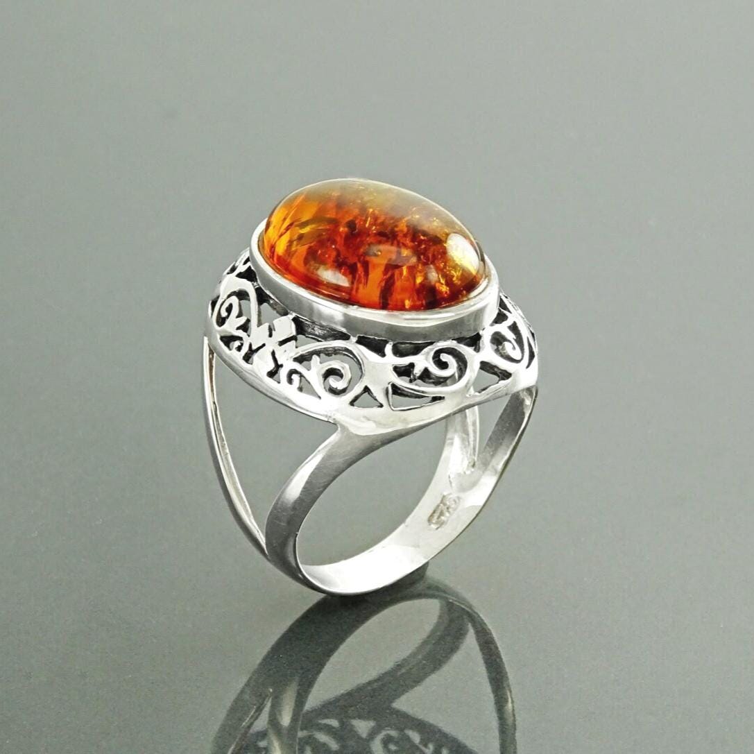 925 Sterling Silver Filigree Amber Ring, Vintage Oval Gemstone Statement Jewelry