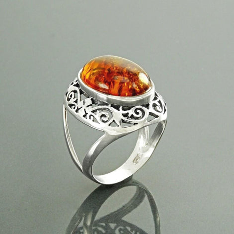925 Sterling Silver Filigree Amber Ring, Vintage Oval Gemstone Statement Jewelry