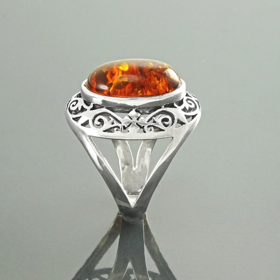 925 Sterling Silver Filigree Amber Ring, Vintage Oval Gemstone Statement Jewelry