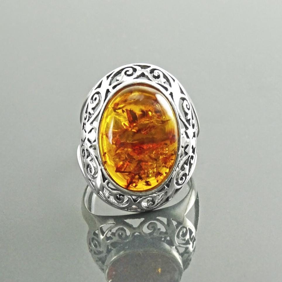 925 Sterling Silver Filigree Amber Ring, Vintage Oval Gemstone Statement Jewelry