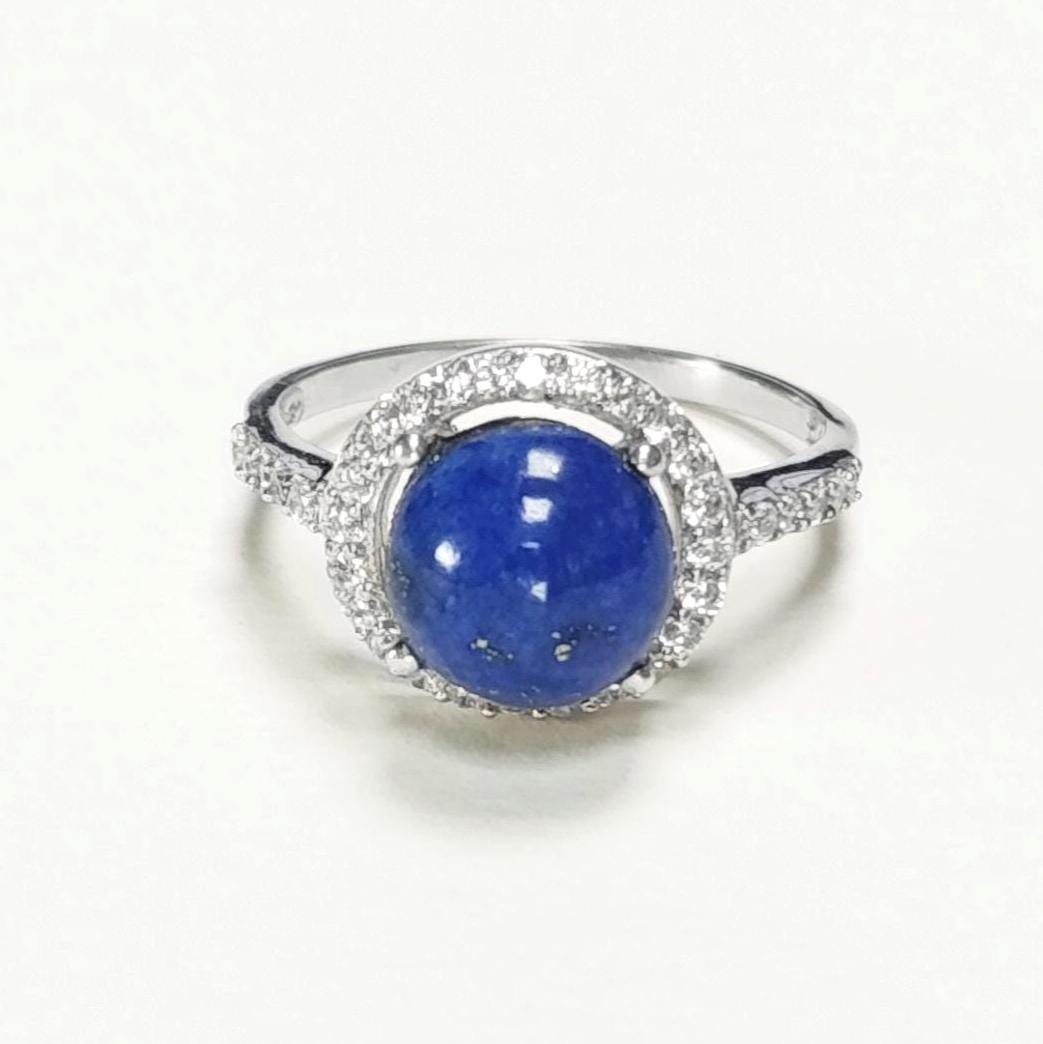 Blue Stone Ring 925 Sterling Silver, Lapis Lazuli Halo Ring, CZ Stones Broder, Natural Gemstone Jewelry
