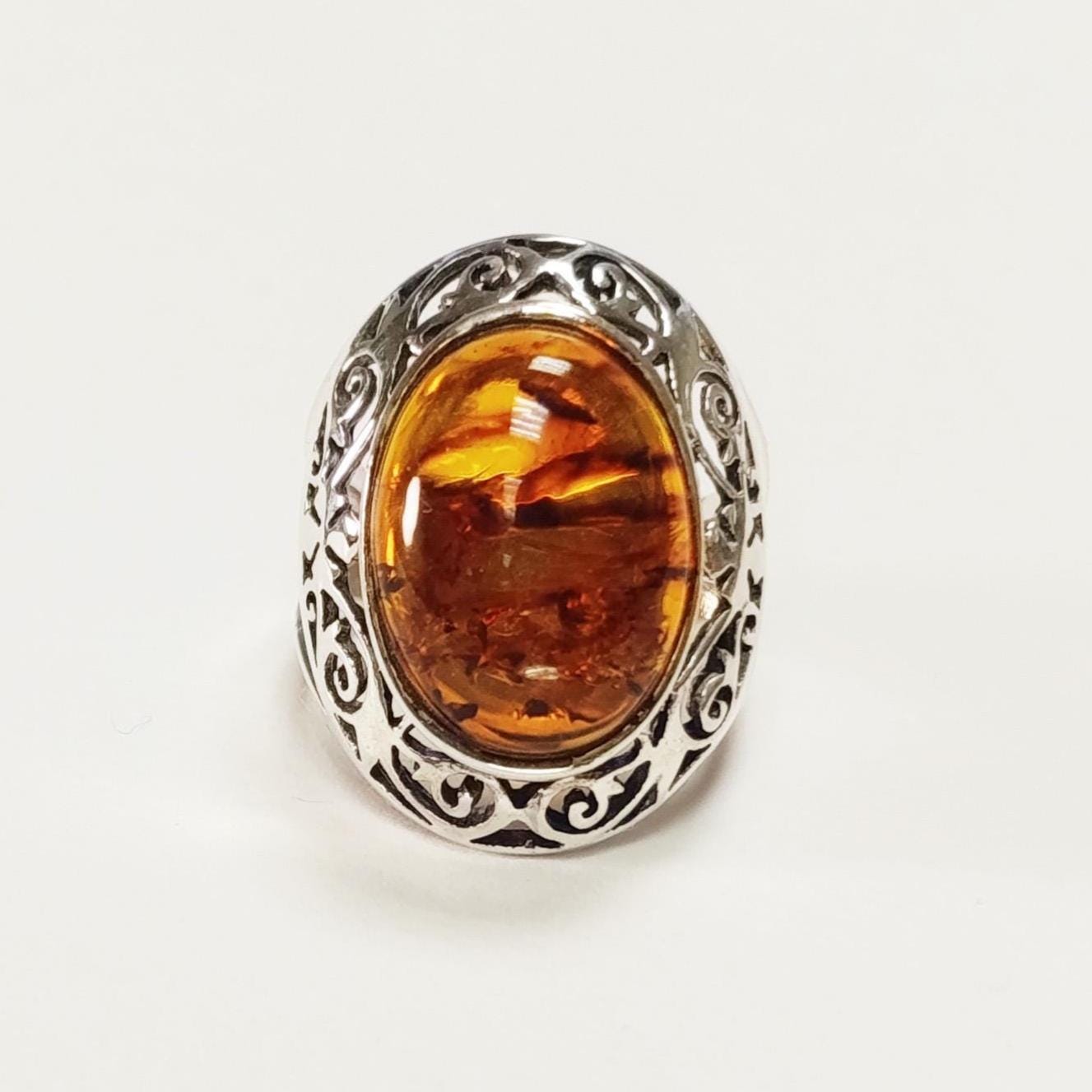 925 Sterling Silver Filigree Amber Ring, Vintage Oval Gemstone Statement Jewelry