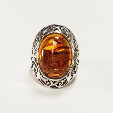 925 Sterling Silver Filigree Amber Ring, Vintage Oval Gemstone Statement Jewelry