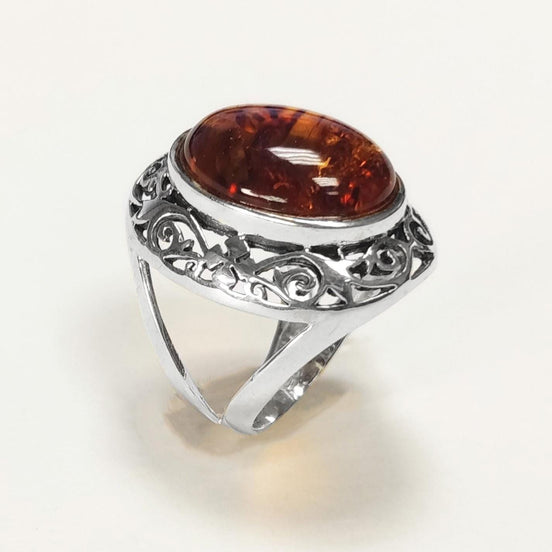 925 Sterling Silver Filigree Amber Ring, Vintage Oval Gemstone Statement Jewelry