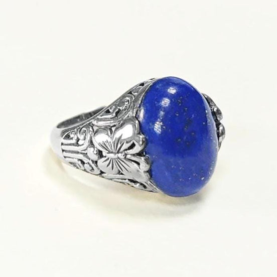 Butterfly Lapis Ring, Sterling Silver, Genuine Blue Lapis Lazuli Gemstone, Oval Stone Jewelry, Boho Filigree Vintage Style, Gift for her