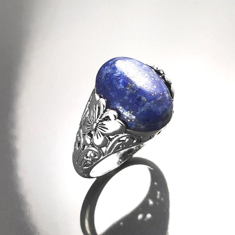 Butterfly Lapis Ring, Sterling Silver, Genuine Blue Lapis Lazuli Gemstone, Oval Stone Jewelry, Boho Filigree Vintage Style, Gift for her