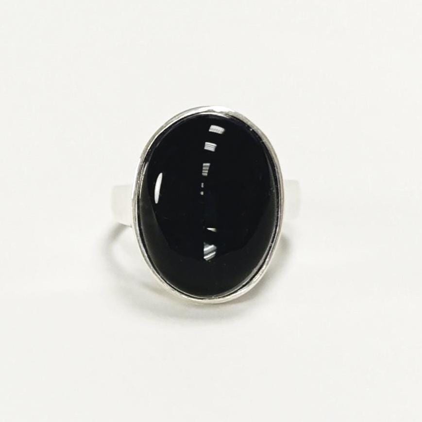 Onyx ring 925 sterling silver, natural black onyx gemstone, designer oval stone ring, modern minimalist, birthstone jewelry