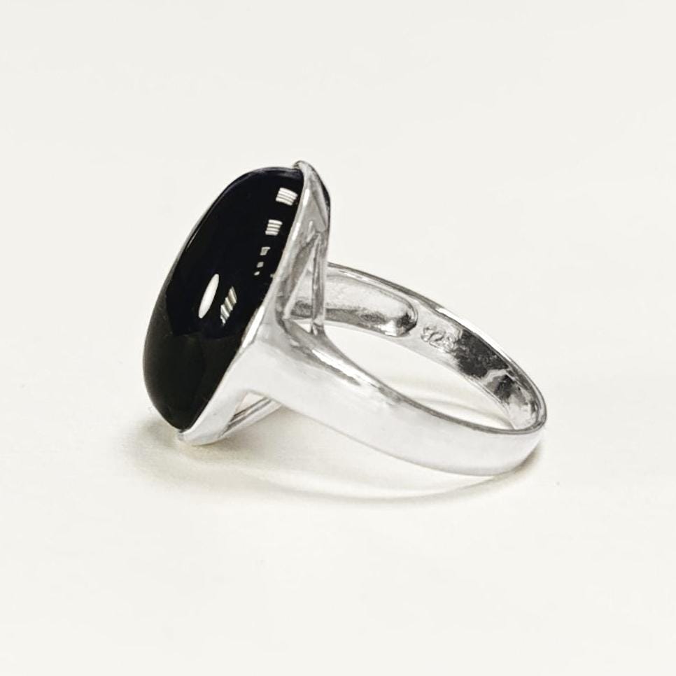 Onyx ring 925 sterling silver, natural black onyx gemstone, designer oval stone ring, modern minimalist, birthstone jewelry