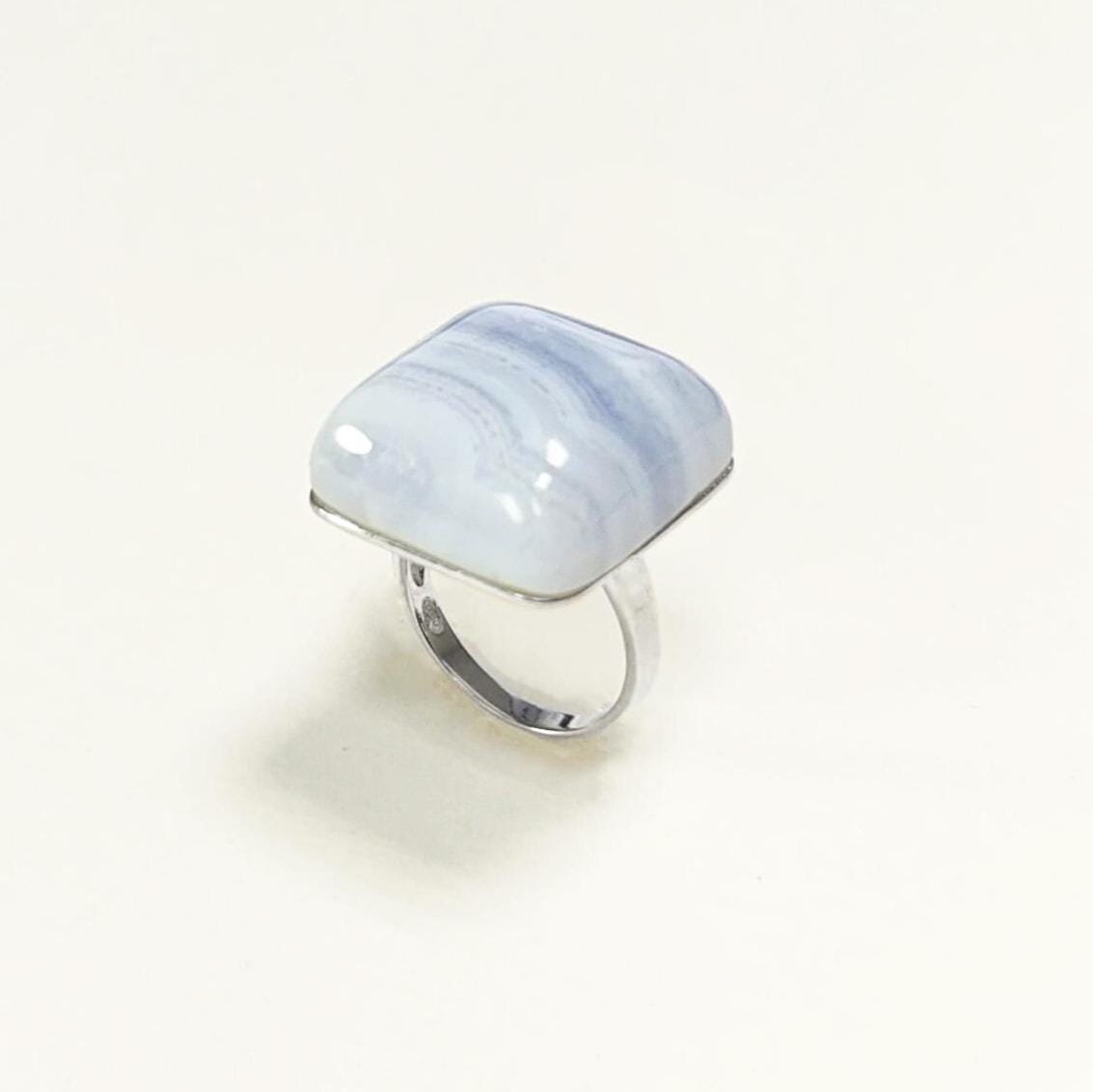 925 NATURAL Chalcedony Blue Square Ring Sterling Silver, Striped Stone, Modern Minimalist Geometric Lined Style, Designer Jewelry
