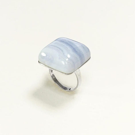 925 NATURAL Chalcedony Blue Square Ring Sterling Silver, Striped Stone, Modern Minimalist Geometric Lined Style, Designer Jewelry