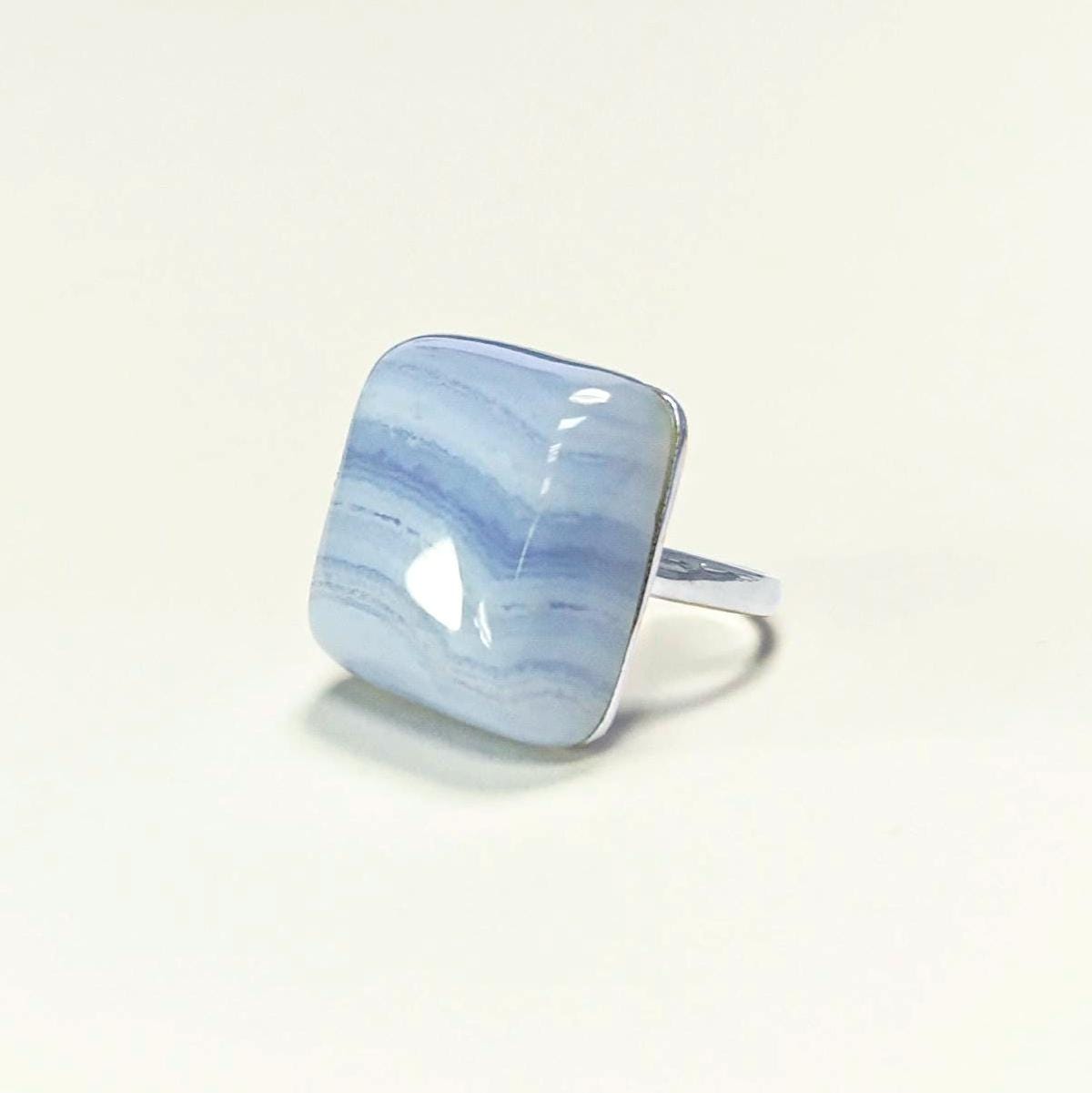 925 NATURAL Chalcedony Blue Square Ring Sterling Silver, Striped Stone, Modern Minimalist Geometric Lined Style, Designer Jewelry
