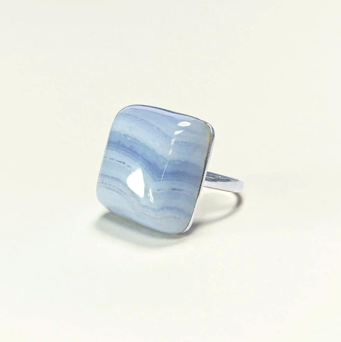 925 NATURAL Chalcedony Blue Square Ring Sterling Silver, Striped Stone, Modern Minimalist Geometric Lined Style, Designer Jewelry