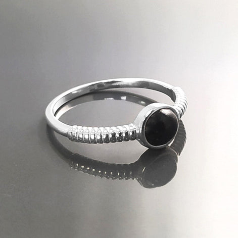 925 Round Onyx Ring, Sterling Silver, Black Onyx Gemstone, Small Domed Stone, Modern Ethnic Chic Braided Band Shank, Casual Style Jewelry
