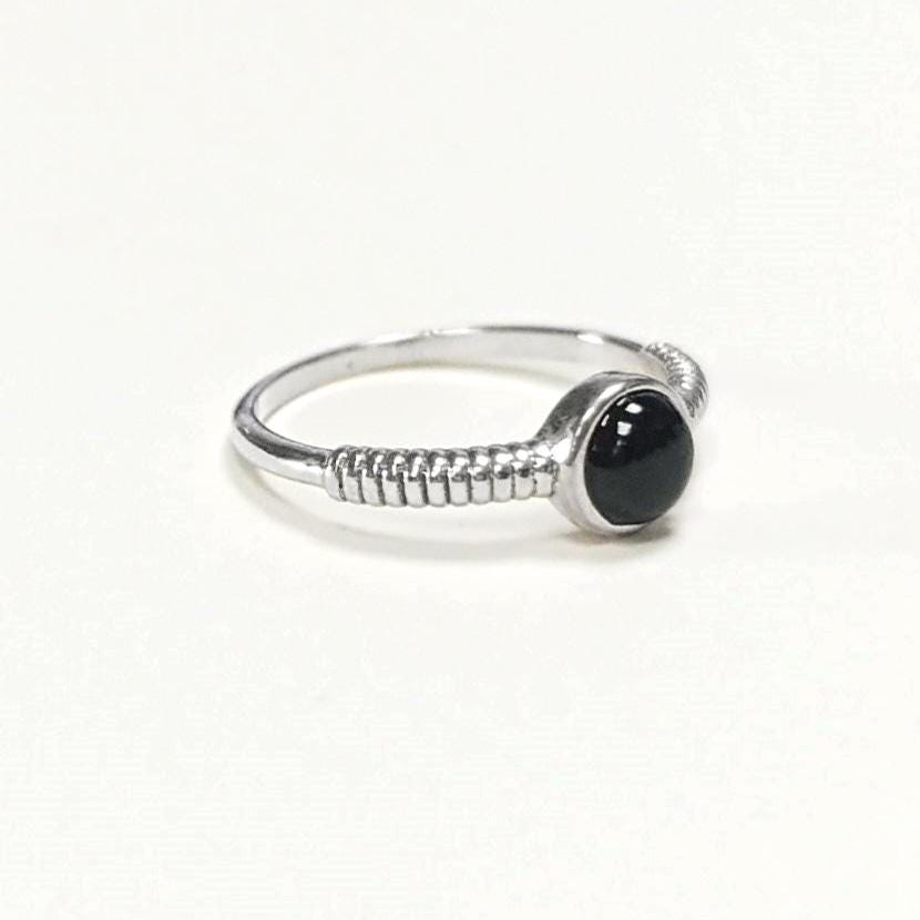 925 Round Onyx Ring, Sterling Silver, Black Onyx Gemstone, Small Domed Stone, Modern Ethnic Chic Braided Band Shank, Casual Style Jewelry