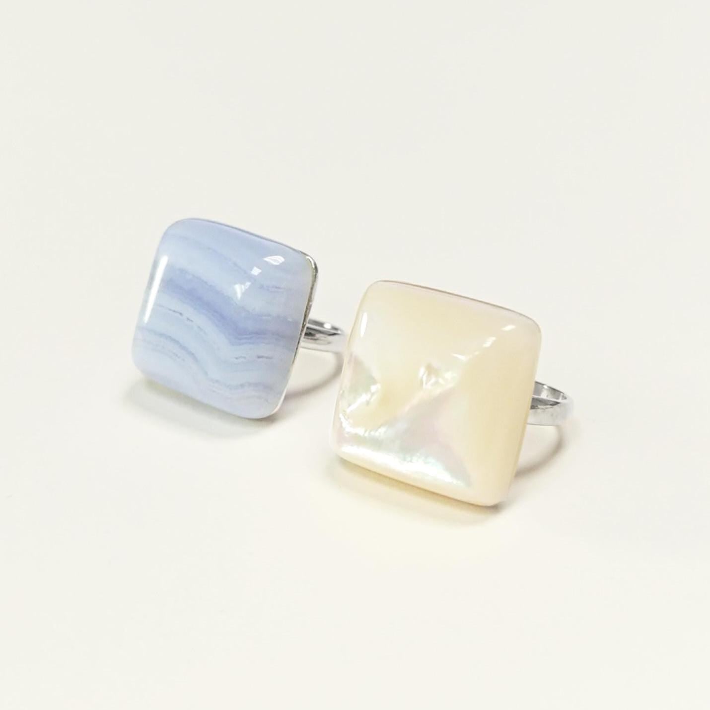 White Square Ring, Sterling Silver, Natural Mother of Pearl Shell, Designer Geometrical Foursquare Stone Jewelry, Statement Minimalist Ring