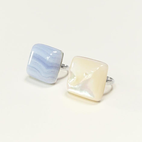 White Square Ring, Sterling Silver, Natural Mother of Pearl Shell, Designer Geometrical Foursquare Stone Jewelry, Statement Minimalist Ring